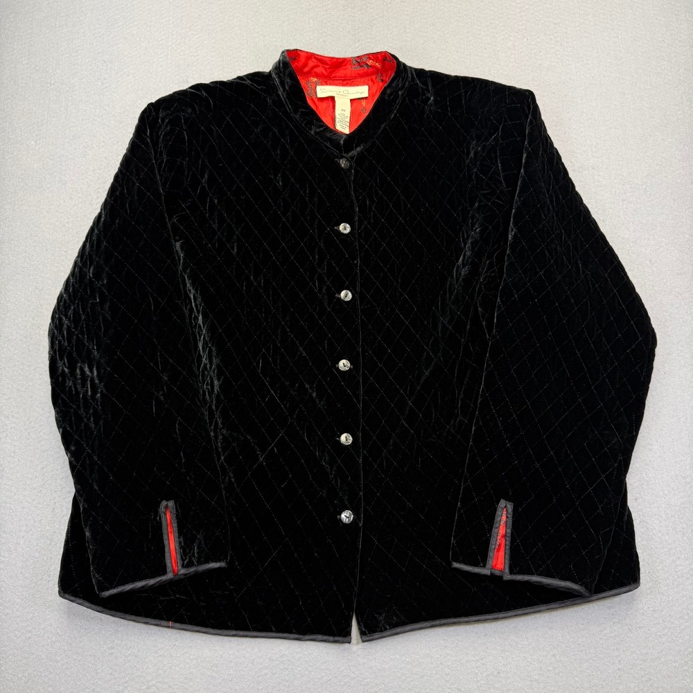 French Laundry Woman Black Quilted Silk Blend Velvet Jacket Red Lining 3X